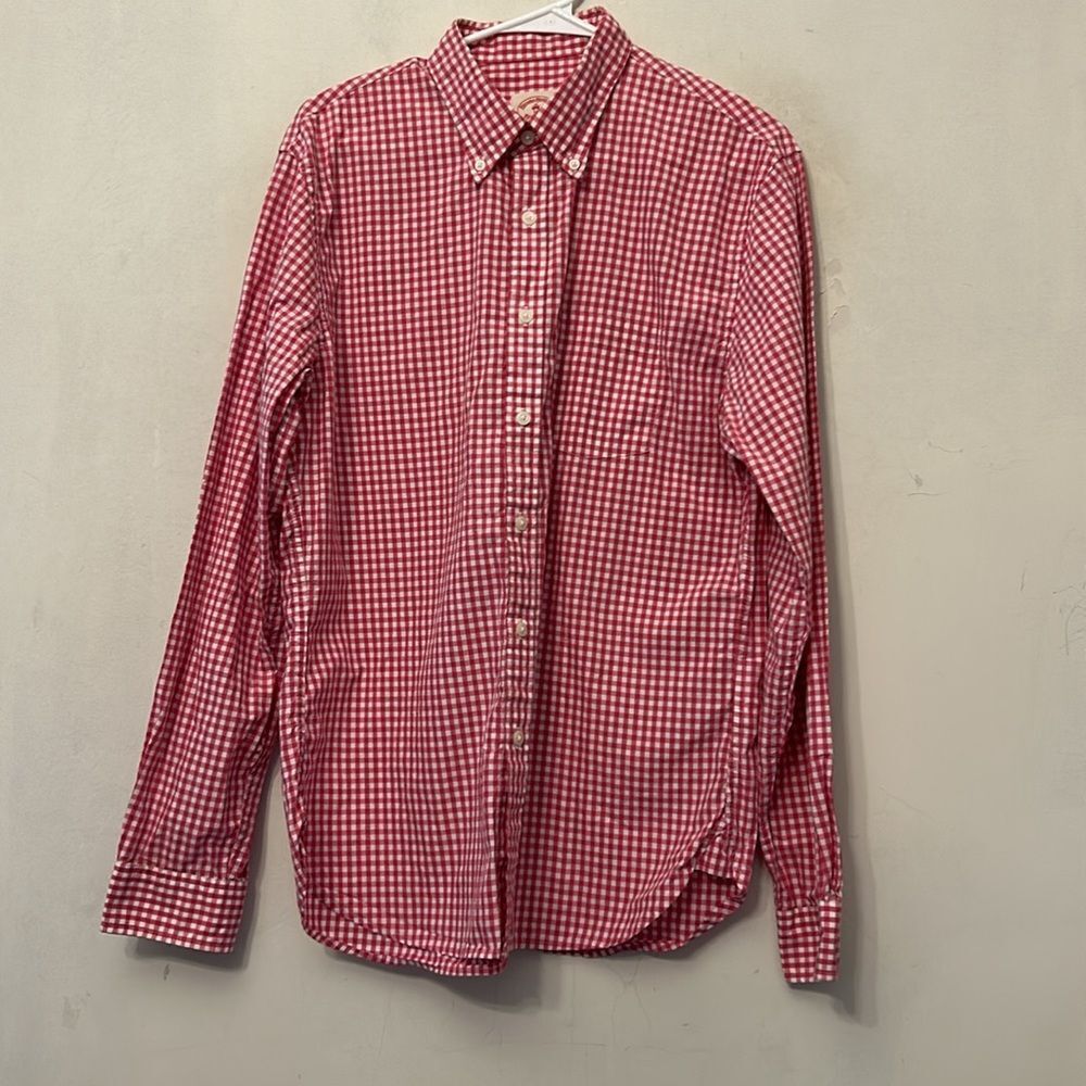 Brooks Brothers Pink White Checkered Button Down Cotton Shirt Size L EUC - Picture 2 of 10